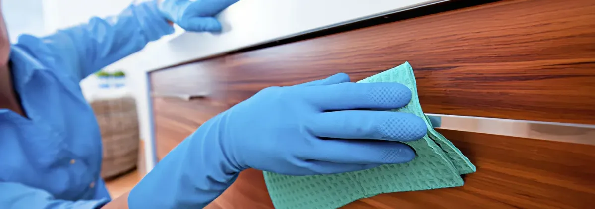 Cleaner wearing blue gloves wiping a wooden cabinet drawer with a microfiber cloth for dust and grime removal, Miami, FL.