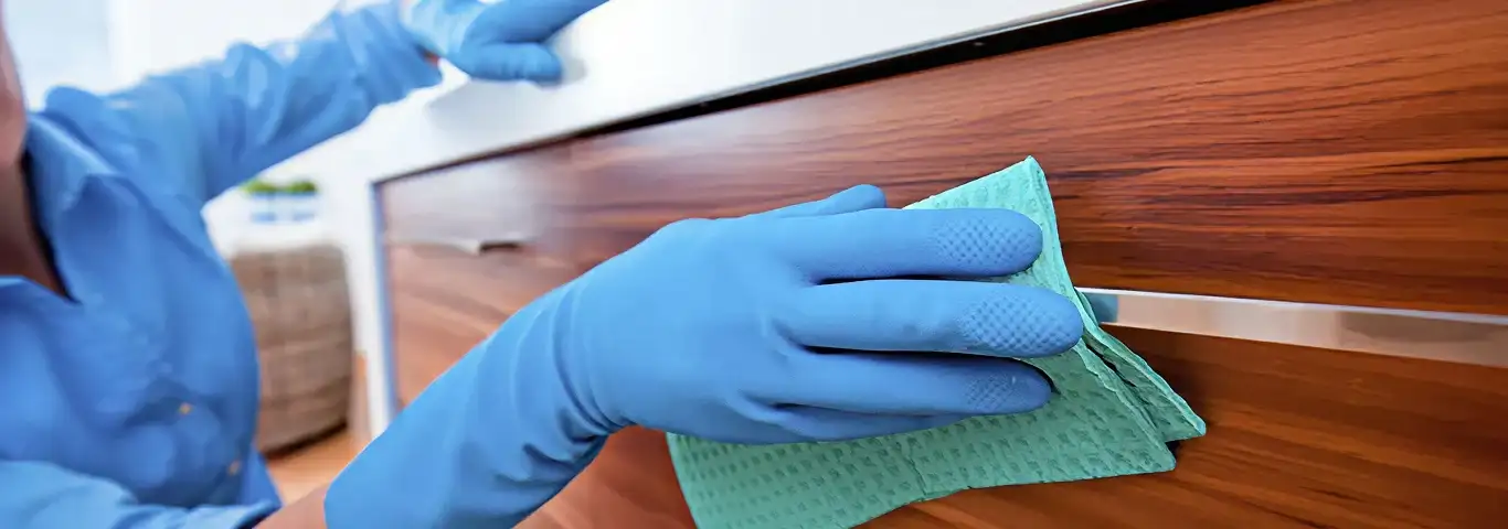 Cleaner wearing blue gloves wiping a wooden cabinet drawer with a microfiber cloth for dust and grime removal, Miami, FL.