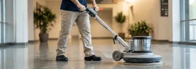 Professional technician using an industrial floor buffer to polish and maintain shiny commercial flooring in a corporate hallway in Miami, FL.