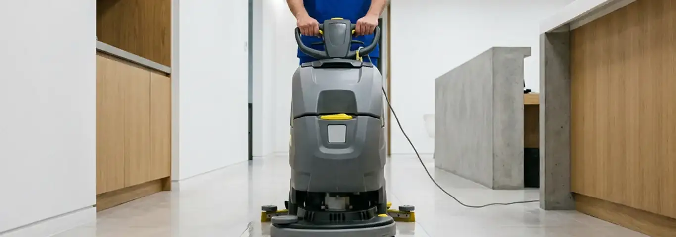 Janitorial staff using a floor scrubber machine to clean a commercial hallway, Miami, FL.