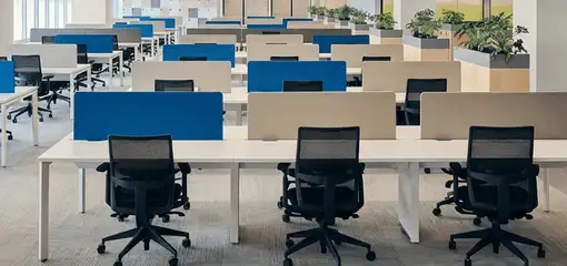 Modern open-plan office space featuring clean workstations, ergonomic chairs, and sanitized carpets provided by professional office cleaning services in Miami, FL.
