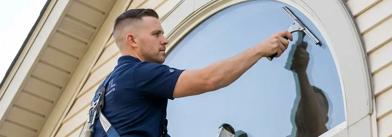 Professional window cleaner using a squeegee to clean an exterior arched window on a home, Miami, FL.