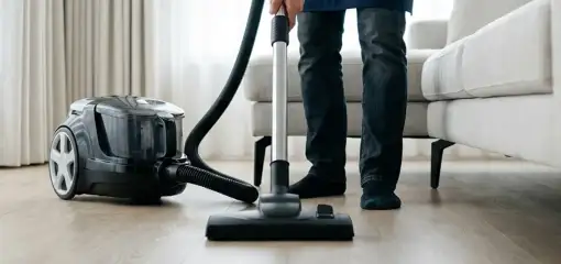 Professional house cleaner vacuuming a living room floor with a canister vacuum cleaner, Miami, FL.
