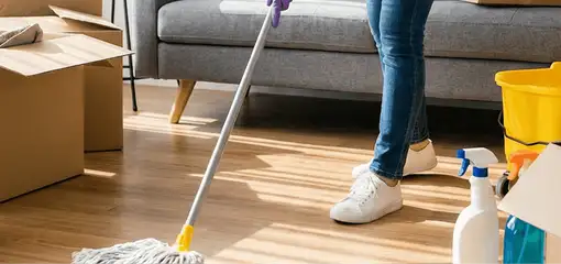 Move-out cleaning setup with a cleaner mopping hardwood floors near moving boxes and cleaning supplies, Miami, FL.