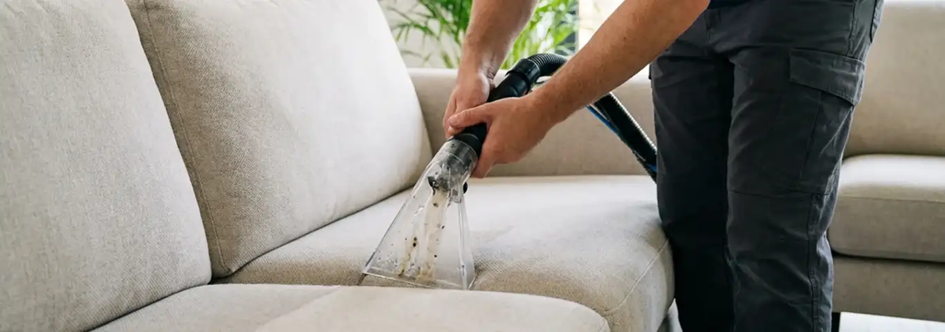 Technician extracting dirt and moisture from a fabric sofa with an upholstery cleaning wand, Miami, FL.