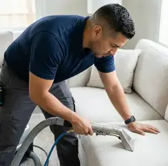 Professional upholstery cleaning technician using an extraction wand to deep-clean a fabric sofa, Miami, FL.