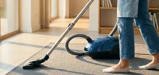 Person vacuuming a living room rug with a canister vacuum cleaner near large windows, Miami, FL.